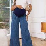 Pantalones De Mezclilla Informales De Pierna Ancha Con Cintura Baja Para Maternidad
