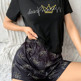 Conjunto De Pijama De Camiseta Y Pantalones Cortos Con Estampado De Letras Y Coronas