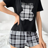Conjunto De Pijama De Camiseta Y Pantalones Cortos Con Estampado Escoces De Oso