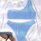 Swim Vcay Conjunto de bikini con textura Top de un hombro y traje de bano de 2 piezas con parte inferior atrevida