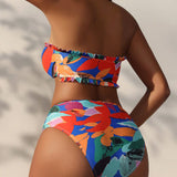 Swim Vcay Conjunto De Bikini Con Estampado Geometrico Y Volante Bandeau Para Mujeres