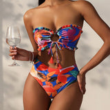 Swim Vcay Conjunto De Bikini Con Estampado Geometrico Y Volante Bandeau Para Mujeres