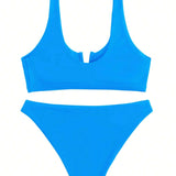 Swim Basics Banador bikini liso de cuello de muesca