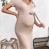 Vestido De Embarazo Acampanado De Cuello En V Y Ajustado Al Cuerpo Para Mujeres Embarazadas