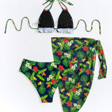NEW  Swim Vcay Conjunto De Bikini Con Estampado De Plantas Tropicales Para Mujeres Con Cuello Halter Y Cordon En El Cuello