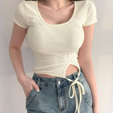 Dazy Designer Camiseta De Mujer Con Cordones Y Adornos De Encaje Calado