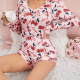 Pijama De Una Sola Pieza Rosa Con Estampado De Cerezas Y Manga Larga Para Mujer, Simple Y Con Estilo