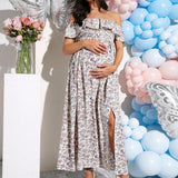 Vestido Maxi Elegant Para Mujeres Embarazadas De Fiesta Con Volantes Y Ajustado A Los Hombros