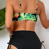Swim Vcay Conjunto De Bikini Impreso Para Mujer Con Traje De Bano De Moda Y Banador Solido De Amarre Lateral (impresion Aleatoria)