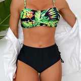 Swim Vcay Conjunto De Bikini Impreso Para Mujer Con Traje De Bano De Moda Y Banador Solido De Amarre Lateral (impresion Aleatoria)