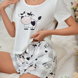 Conjunto De Pijama De Mujer De 2 Piezas Con Estampado De Patron De Vaca Lindo, Con Manga Corta Y Pantalon Corto A Juego