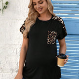 Elegante Camiseta De Maternidad Con Estampado De Leopardo Y Dobladillo Curvado