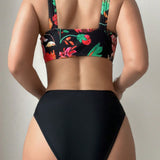 Swim Classy Conjunto De Traje De Bano De Dos Piezas Con Pantalones De Cintura Alta Y Estampado Floral Para Mujer
