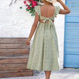 Vestido De Maternidad Con Estampado Floral, Dobladillo De Volantes Y Lazo De Corbata Trasera