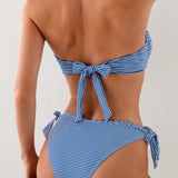 Swim Basics Conjunto De Bikini Bandeau Con Estampado De Rayas Y Lazo En La Parte Delantera Para Mujer Con Braguitas Laterales Anudadas