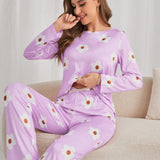 Conjunto De Pijama De Mujer Con Estampado Floral De Manga Larga Y Pantalon