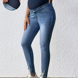 Jeans Rotos Casuales De Maternidad Con Cinturilla Ajustable Y Punos Ajustados