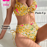 DD+ Conjunto De Traje De Bano Femenino Con Nudo Delantero Y Estampado Floral