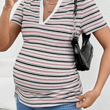 Camiseta A Rayas Entallada Con Cuello Vuelto Casual De Para Mujeres Embarazadas