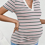 Camiseta A Rayas Entallada Con Cuello Vuelto Casual De Para Mujeres Embarazadas