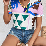 VCAY Blusa De Mujer Con Estampado Geometrico De Mangas Cortas Y Escote En V