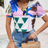 VCAY Blusa De Mujer Con Estampado Geometrico De Mangas Cortas Y Escote En V