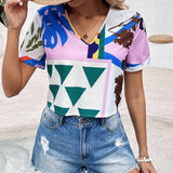 VCAY Blusa De Mujer Con Estampado Geometrico De Mangas Cortas Y Escote En V