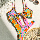 Swim Vcay Conjunto De Bikini Para Mujer Con Estampado De Plantas Y Parte Frontal Con Lazo