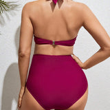Conjunto De Traje De Bano Bikini Para Embarazo Con Cuello Halter Fruncido En Color Solido