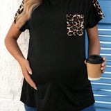 Elegante Camiseta De Maternidad Con Estampado De Leopardo Y Dobladillo Curvado