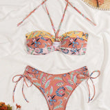 Swim Vcay Conjunto De Traje De Bano De Bikini Con Cordon Lateral Y Estampado De Plantas Carnaval