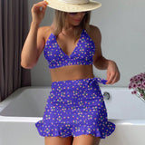 Swim Mod Set bikini con estampado floral Brasier sin aro halter & Bikini & Falda playa Vestido de baño de 3 piezas