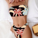 NEW Conjunto De Bikini Sin Tirantes Para Mujer Con Parte Inferior Con Falda Y Estampado De Plantas Tropicales, Sexy