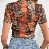 VCAY Top Corto De Malla Transparente Con Estampado Floral De Estilo Vacacional