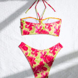 Swim Vcay Bikini De Flores Con Cuello Halter Y Decoracion De Flores 3d, Conjunto De Dos Piezas