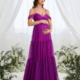 NEW Vestido De Malla Para Embarazadas Con Hombros Descubiertos Y Dobladillo De Volantes