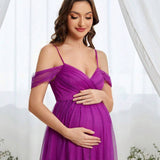 NEW Vestido De Malla Para Embarazadas Con Hombros Descubiertos Y Dobladillo De Volantes