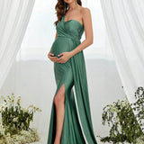 NEW Vestido Formal De Detalle De Drapeado De Un Hombro Y Abertura Lateral Para Maternidad