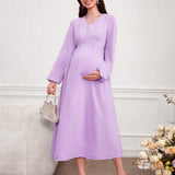 NEW  Vestido De Maternidad Morado Largo Delantero Cruzado Con Mangas De Linterna Para Mujeres Embarazadas