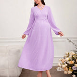 NEW  Vestido De Maternidad Morado Largo Delantero Cruzado Con Mangas De Linterna Para Mujeres Embarazadas