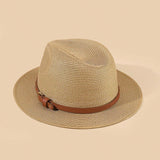 Sombrero De Paja Con Proteccion Solar Para La Playa Con Cinturon Decorado Con Remaches Y Banda De Jazz