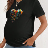 NEW  Camiseta De Maternidad De Manga Corta Con Patron De Corazon Y Hombro Regular