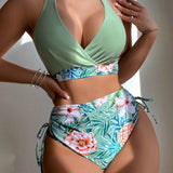 NEW  Swim Vcay Conjunto De Traje De Bano Bikini Con Cuello Halter Y Estampado Tropical En Bloques De Color