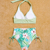 NEW  Swim Vcay Conjunto De Traje De Bano Bikini Con Cuello Halter Y Estampado Tropical En Bloques De Color