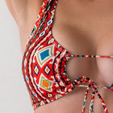 Swim BohoFeel Conjunto De Traje De Bano Para Mujer Con Estampado Geometrico, Con Corbata Frontal Y Flecos