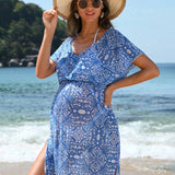 NEW  Vestido De Maternidad De Playa Con Mangas Cortas Y Cuello En V, Con Impresion Completa Y Cubierta