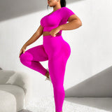 Yoga Basic Conjunto De Chandal Deportivo Para Mujer De Talla Grande, Sin Costuras, De Color Solido Con Mangas Cortas Y Pantalones Largos