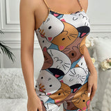 NEW Conjunto De Pijama Para Mujer Con Estampado De Gato, Cami Durante La Noche Y Monos