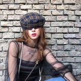 NEW Sombrero Boina De Cuadros Estilo Britanico Para Mujer Con Diseno De Ocio Vintage, Sombrero De Pintor Artistico De Moda A Cuadros Para Uso Diario