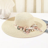 NEW 1 Pieza Nuevo Sombrero De Sol De Paja De Trigo Con Ala Ancha Y Lazo Estampado Para Mujer, Perfecto Para Las Vacaciones En La Playa